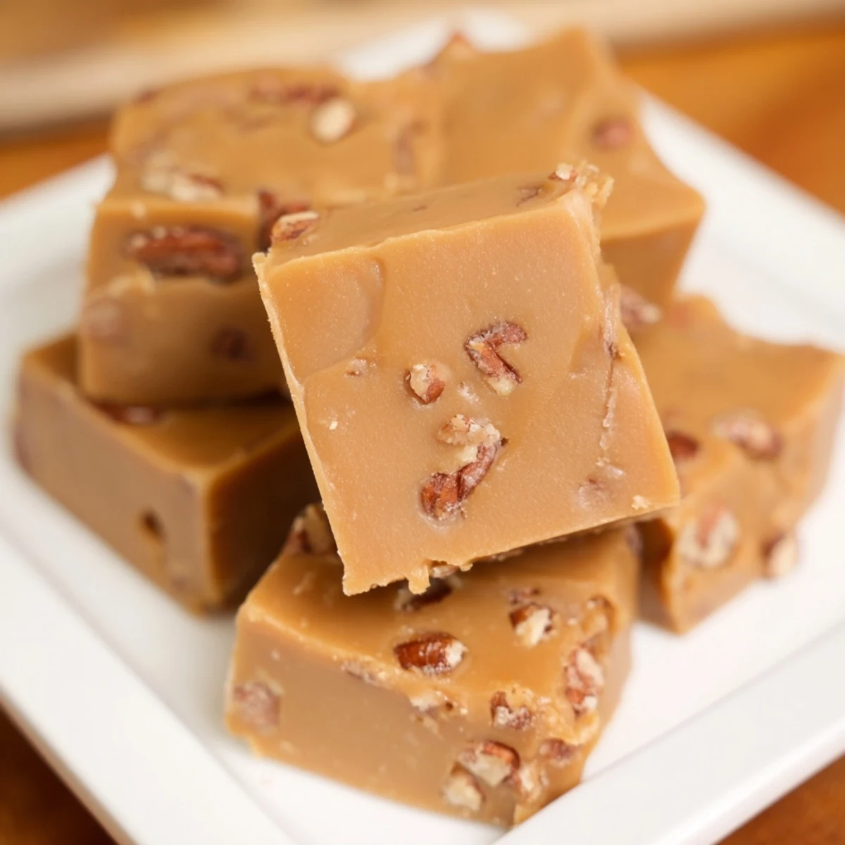 Creamy square of Penuche Fudge, rich brown and glistening, ready to melt in your mouth.