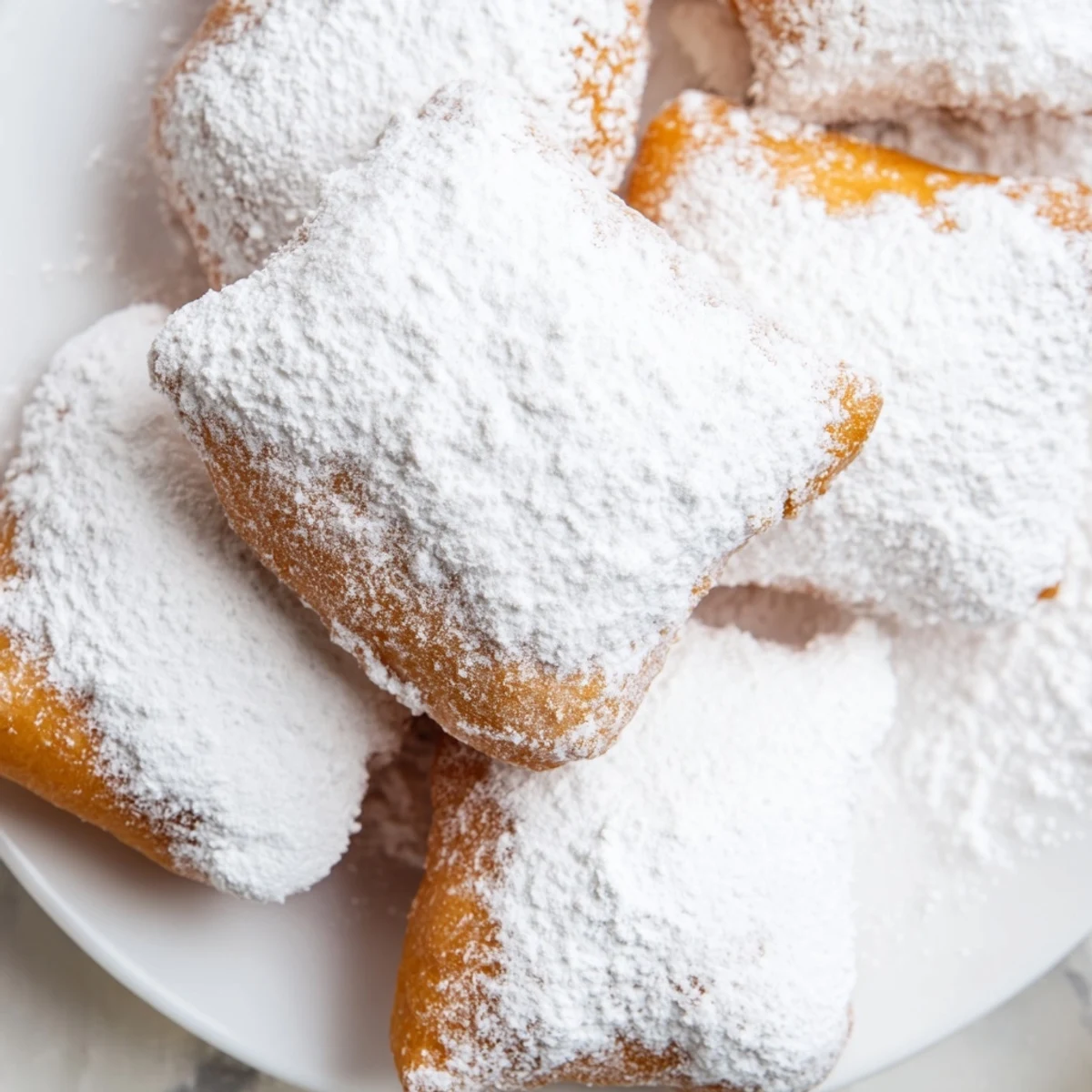 Golden brown, square beignets are generously dusted with sweet, fluffy powdered sugar.