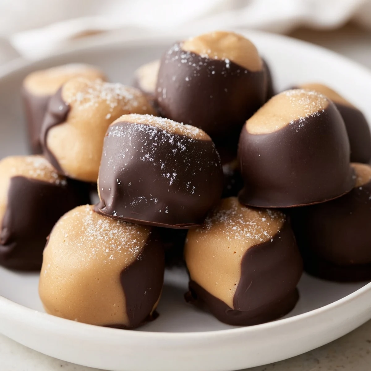 These delicious buckeyes, with visible peanut butter centers, are a classic homemade holiday dessert.