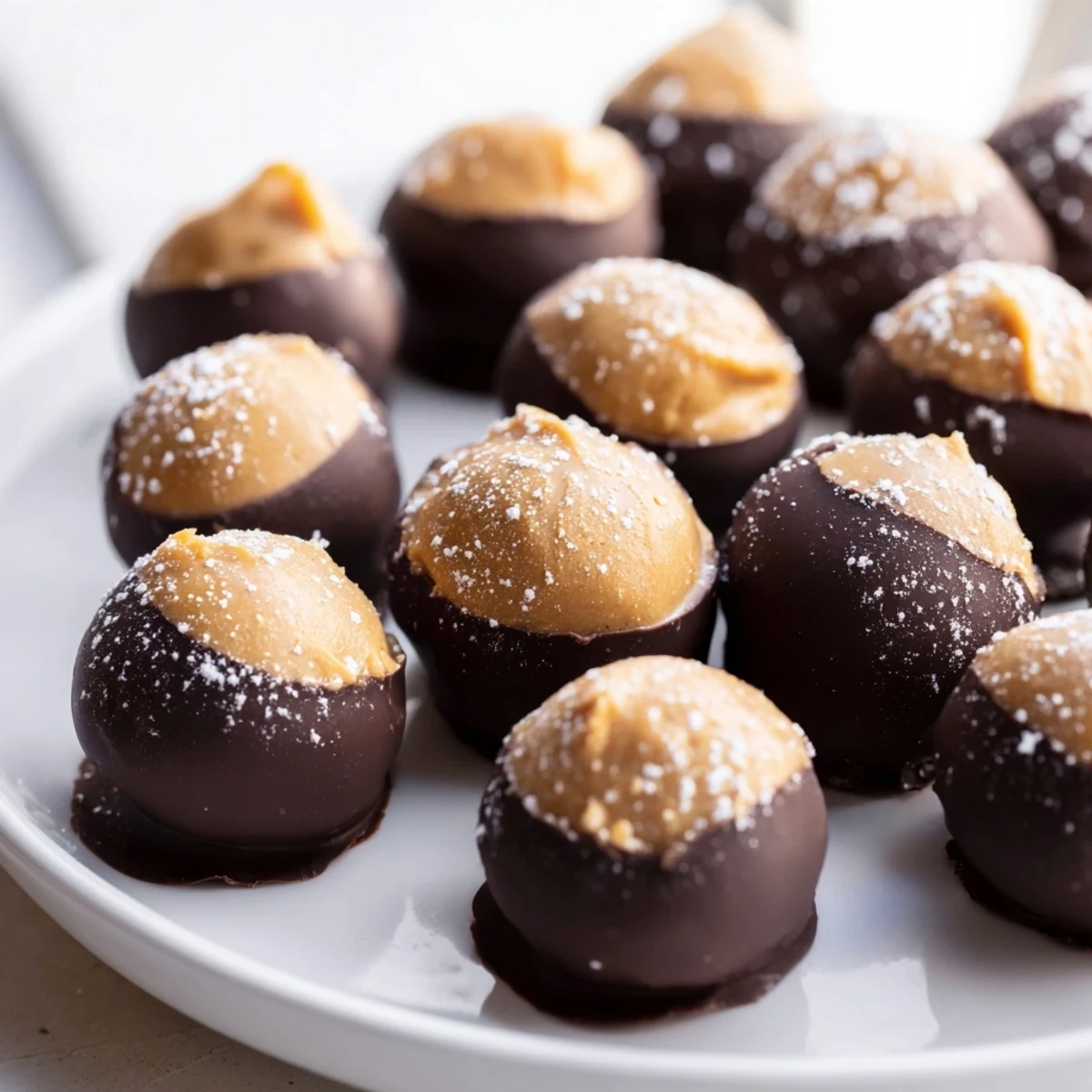 Creamy buckeyes, perfectly dipped in dark chocolate, are sweet bite-sized treats ready to eat.