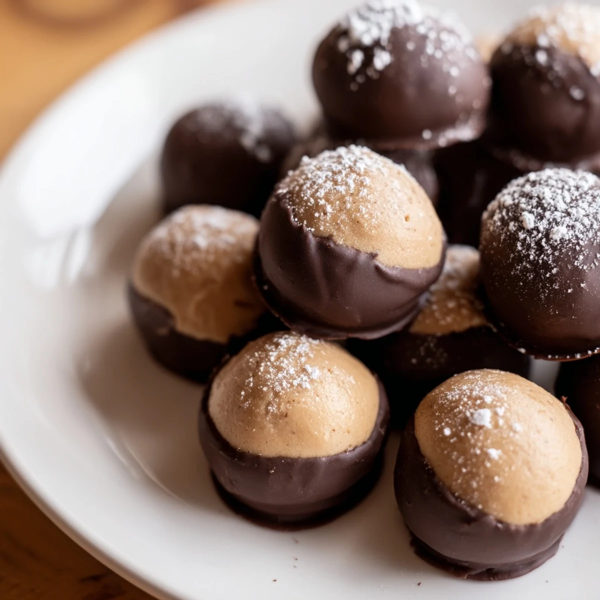 Enjoy homemade buckeyes, showcasing a delightful combination of peanut butter and rich chocolate flavors.