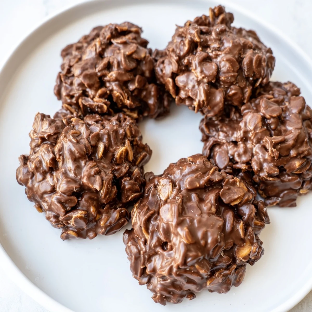 Tempting no-bake chocolate oatmeal drop cookies, perfectly set, with rich chocolate and oat texture.