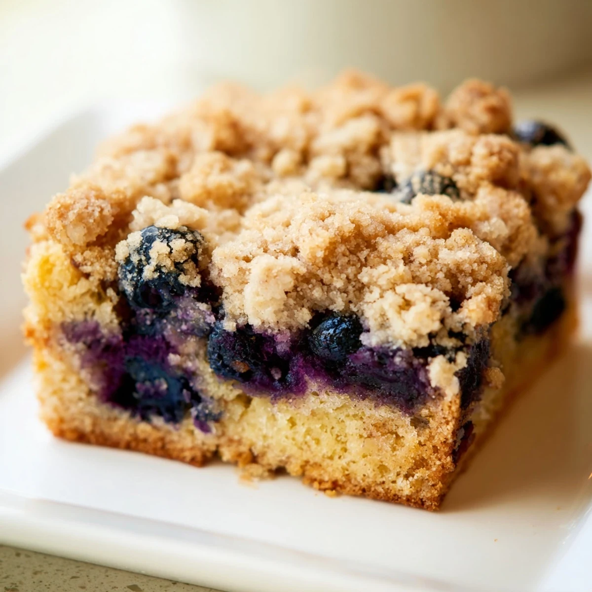 Fluffy blueberry buckle with a golden streusel topping, perfect for brunch enjoyment.