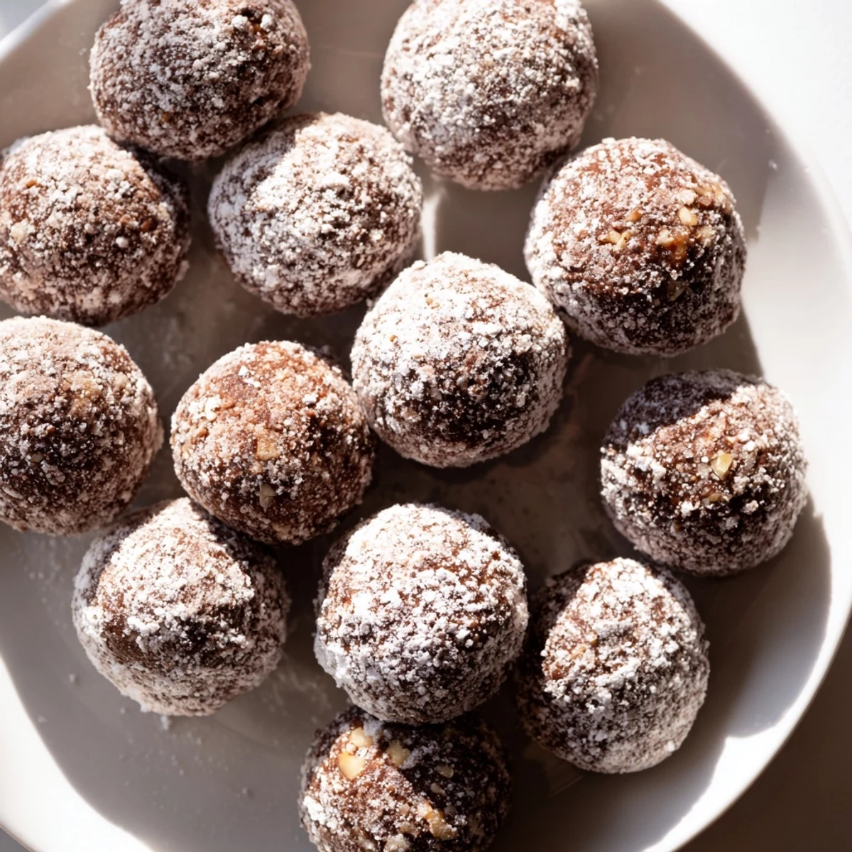 Close-up of decadent Mud Balls, showing their fudgy centers and powdered sugar coating for dessert.