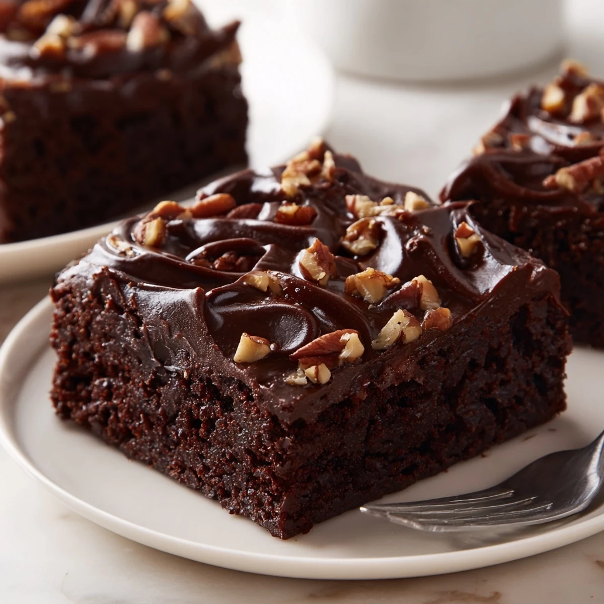 Warm, fudgy chocolate icing glistens on this fresh Texas Sheet Cake, ready to serve and enjoy.