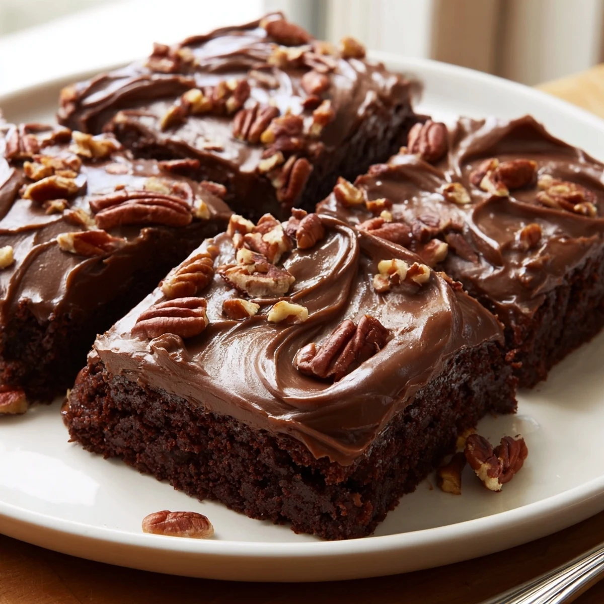 Homemade Texas Sheet Cake, drizzled with glossy chocolate icing, perfect for any occasion.