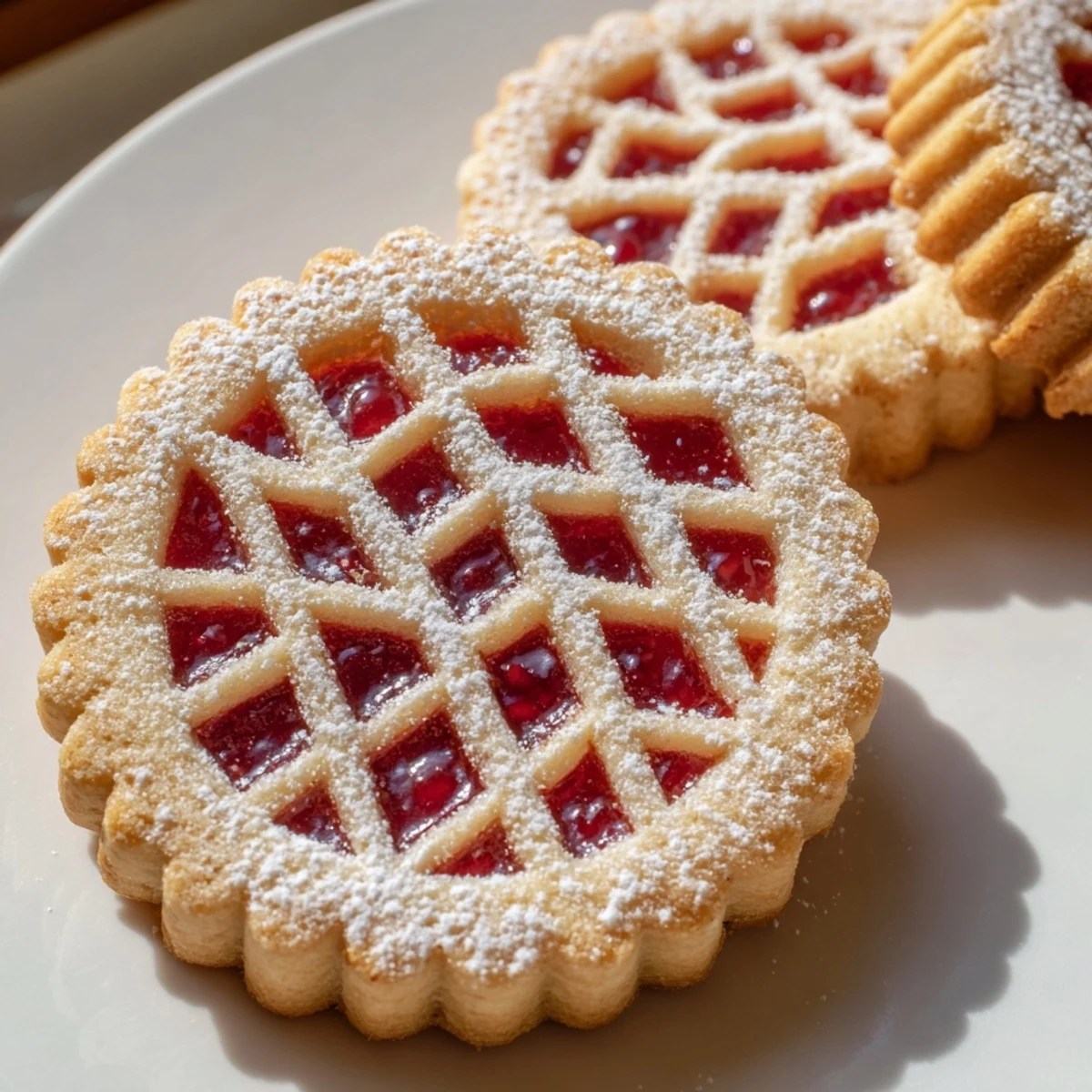 A stack of beautifully-baked Linzer Cookies, the sandwich cookies dusted with powdered sugar and ready to serve.