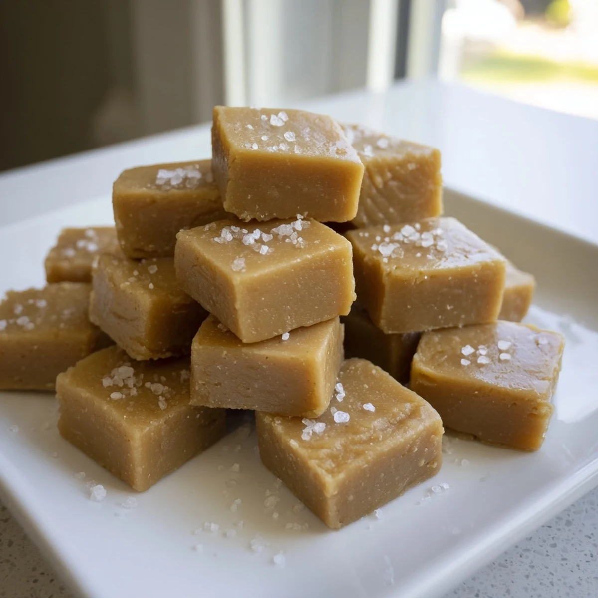 Soft and chewy sea salt caramels gleaming with a delicate sprinkle of flaky sea salt on top.