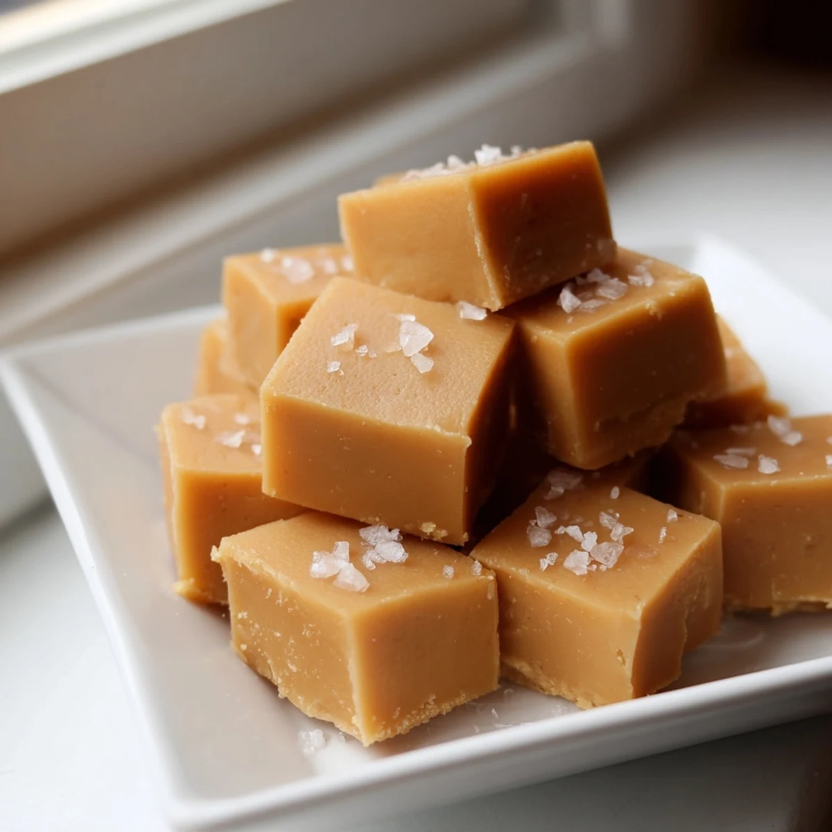 Close-up of freshly made sea salt caramels, a delightful contrast of sweet & salty layers.