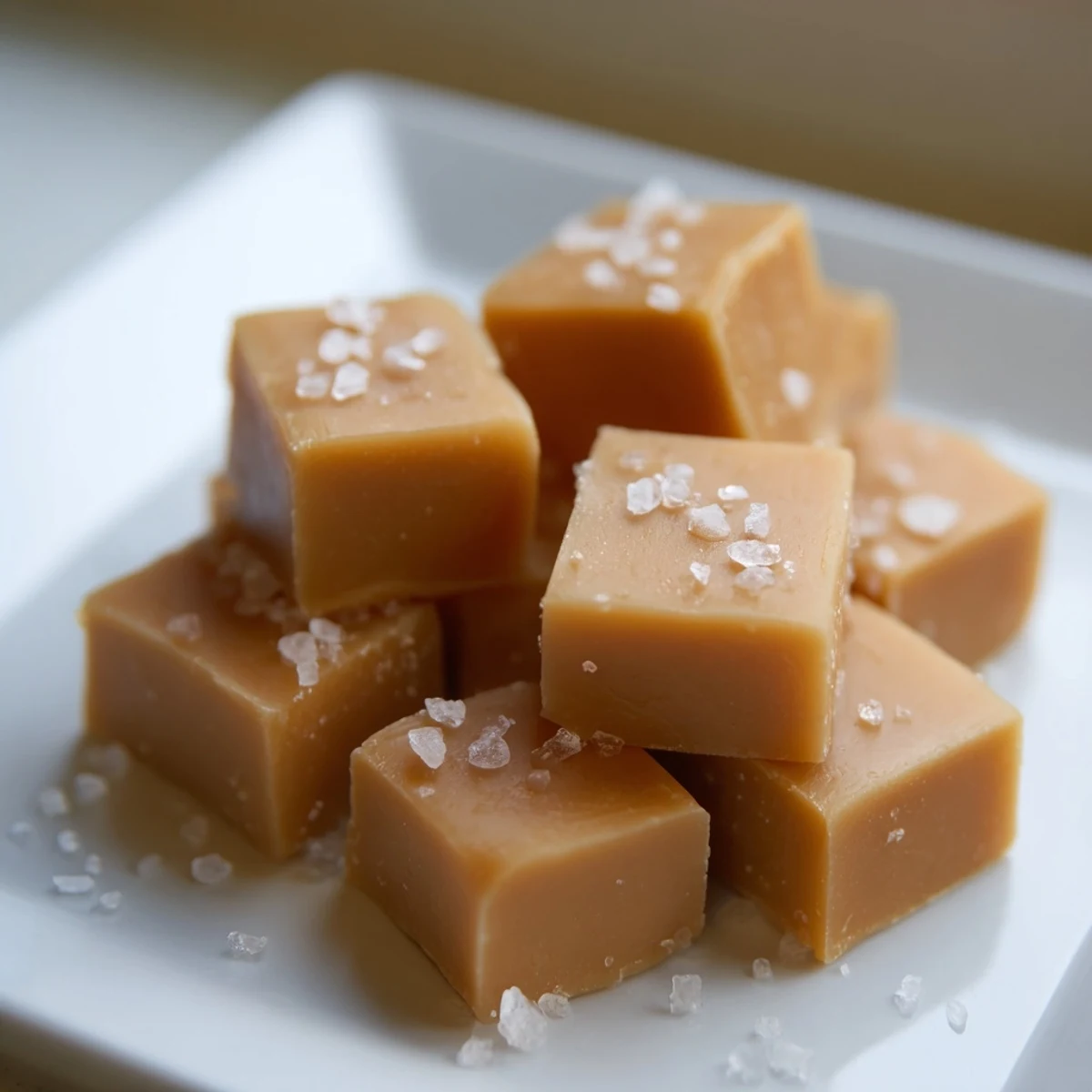 Golden, melt-in-your-mouth sea salt caramels ready to cut, showing their perfect square shape.