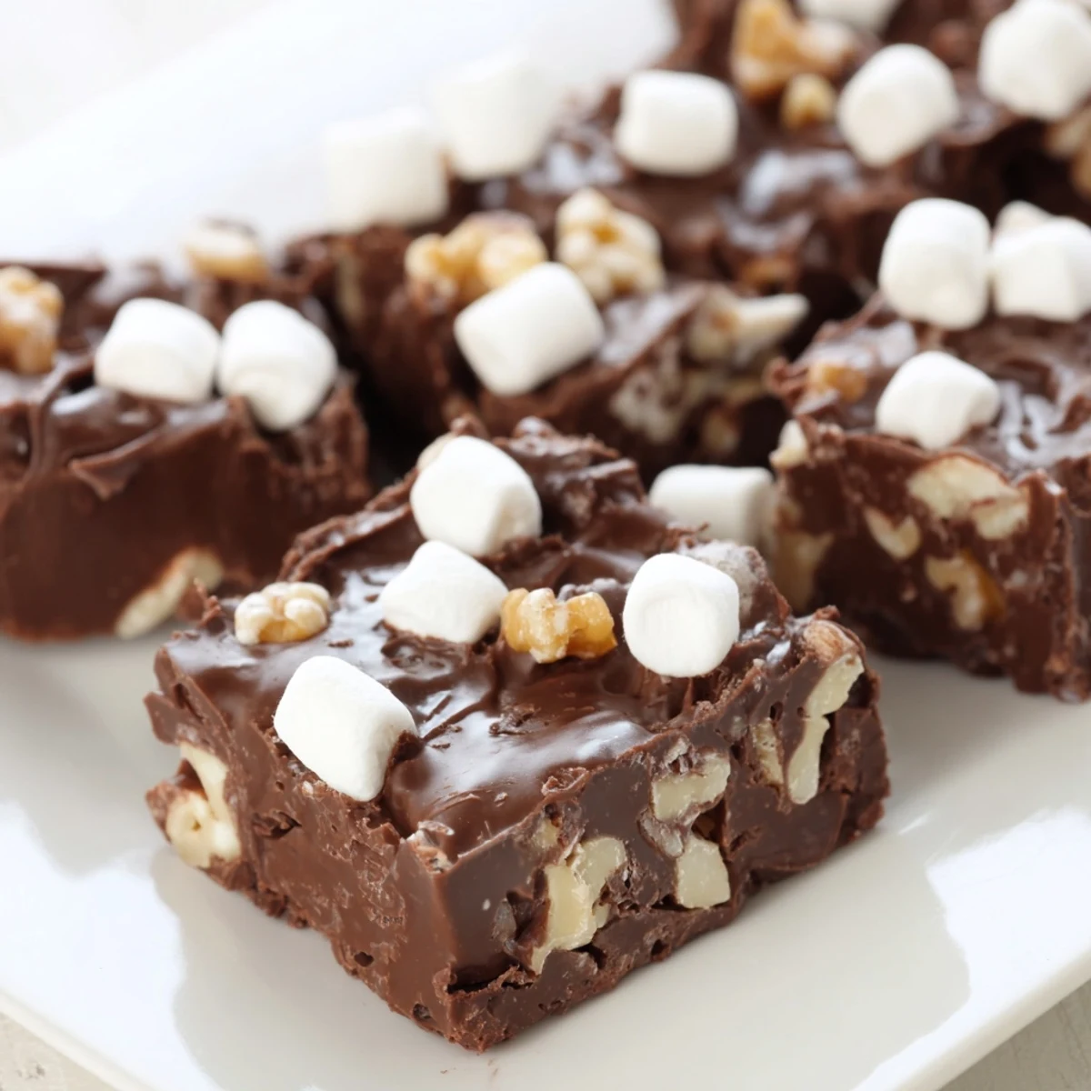 Creamy, decadent Rocky Road Fudge with fluffy marshmallows and crunchy nuts ready to be sliced.