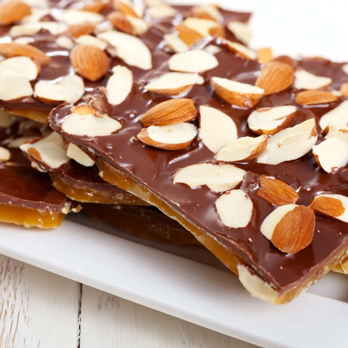 A close-up of buttery English toffee, the perfect dessert, showcasing a rich, layered texture and crunch.
