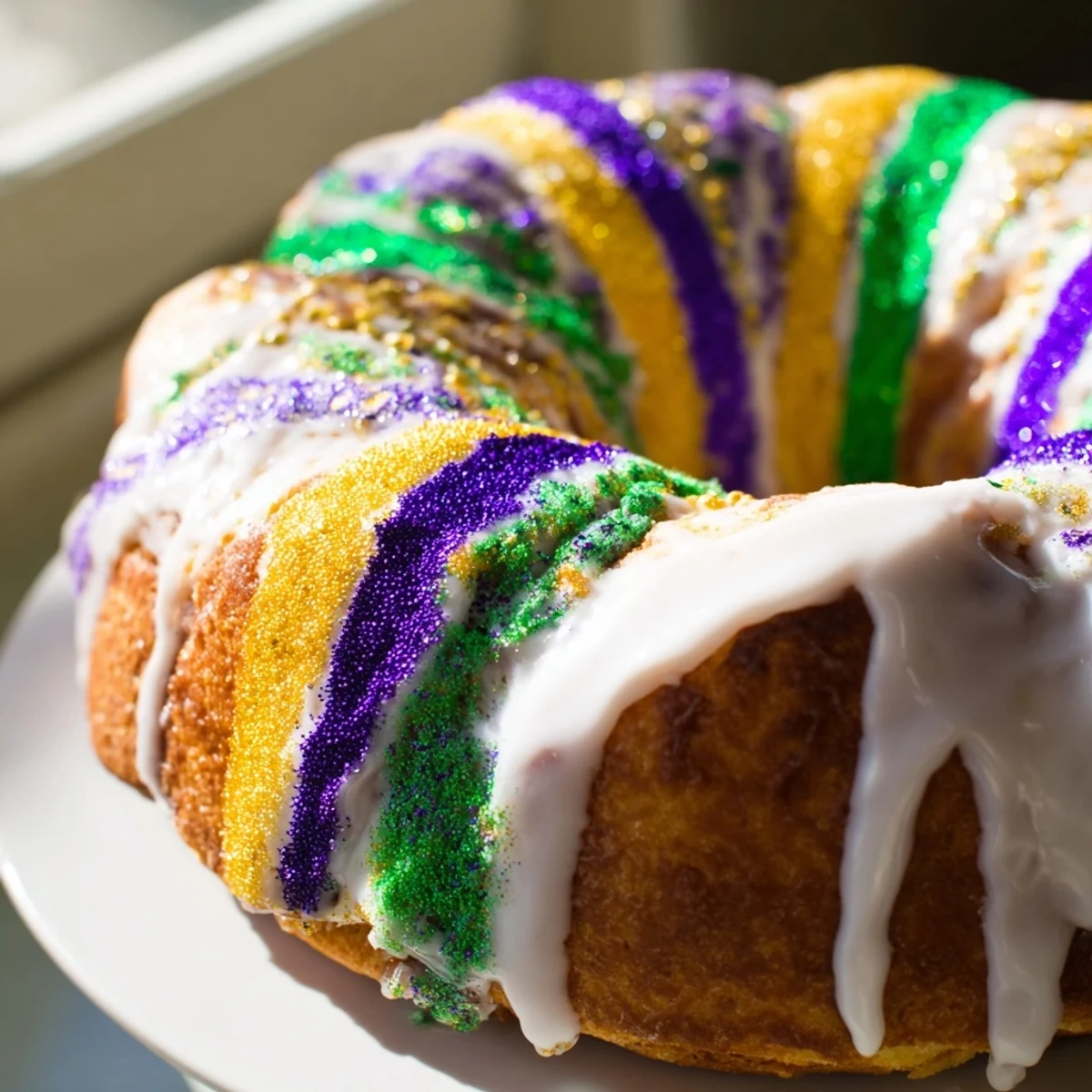 Golden-brown King Cake, a sweet and festive treat, glistening with colorful Mardi Gras sugars.