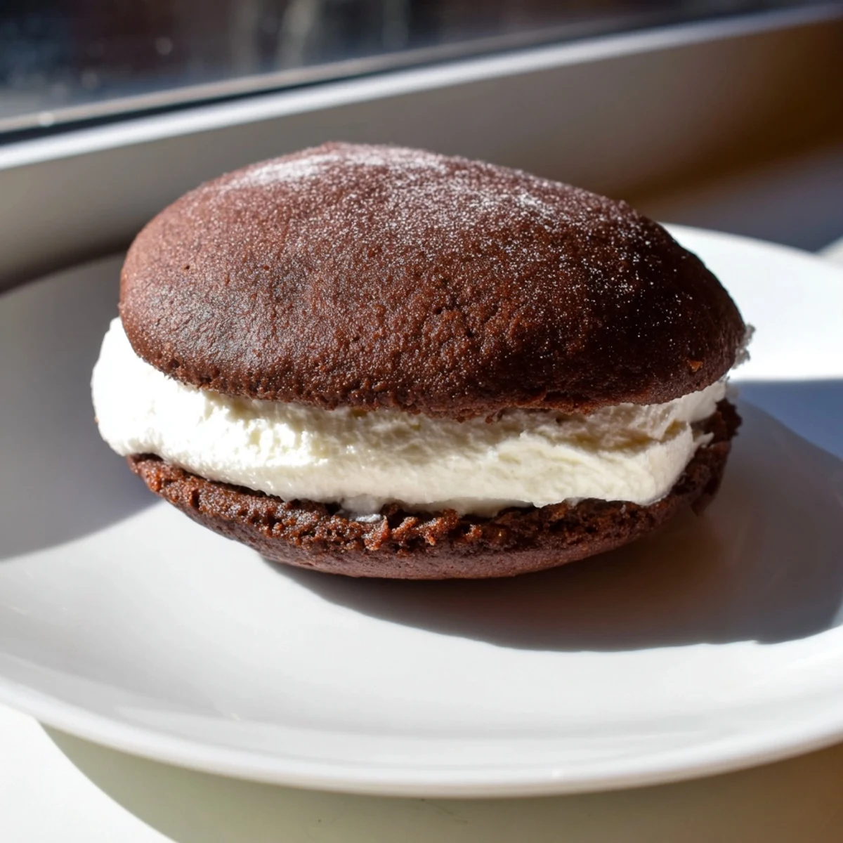 Sweet, fluffy vanilla cream filling oozing from decadent chocolate Whoopie Pies, a perfect treat.
