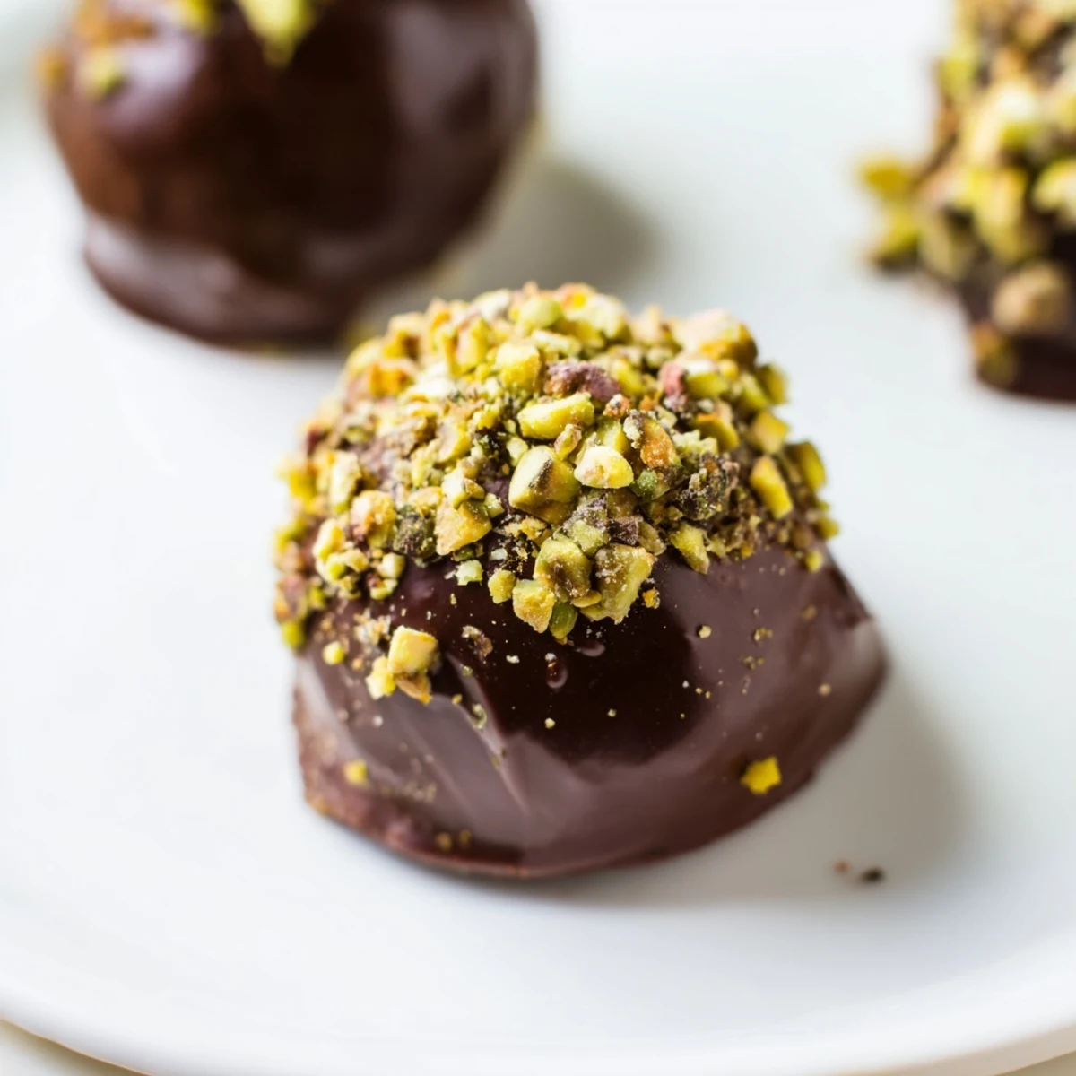 A close-up of glossy chocolate truffles, some dusted with cocoa and others with colorful sprinkles.