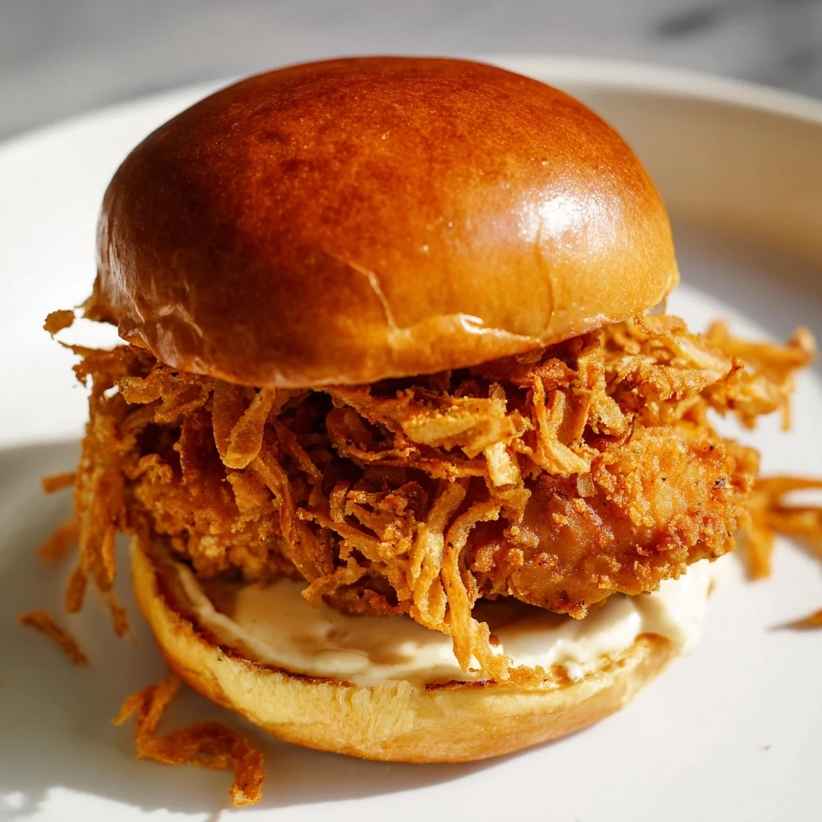 Golden-brown Crispy Onion Chicken Sandwich with juicy buttermilk-fried chicken thighs piled high on a soft brioche bun, topped with crunchy fried onions.  