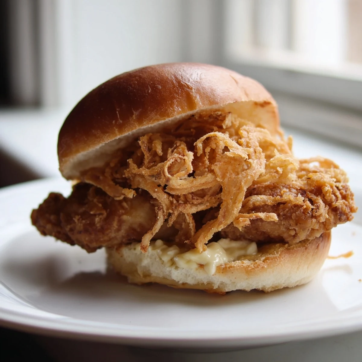Close-up of a Crispy Onion Chicken Sandwich stacked with golden onions and creamy aioli, served alongside crispy french fries on a rustic table.  