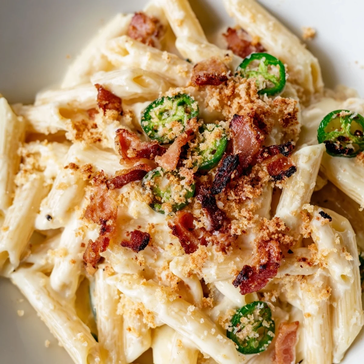 Creamy Jalapeño Popper Pasta with crispy bacon, roasted jalapeños, and melted cheddar cheese sauce, served steaming in a white bowl.