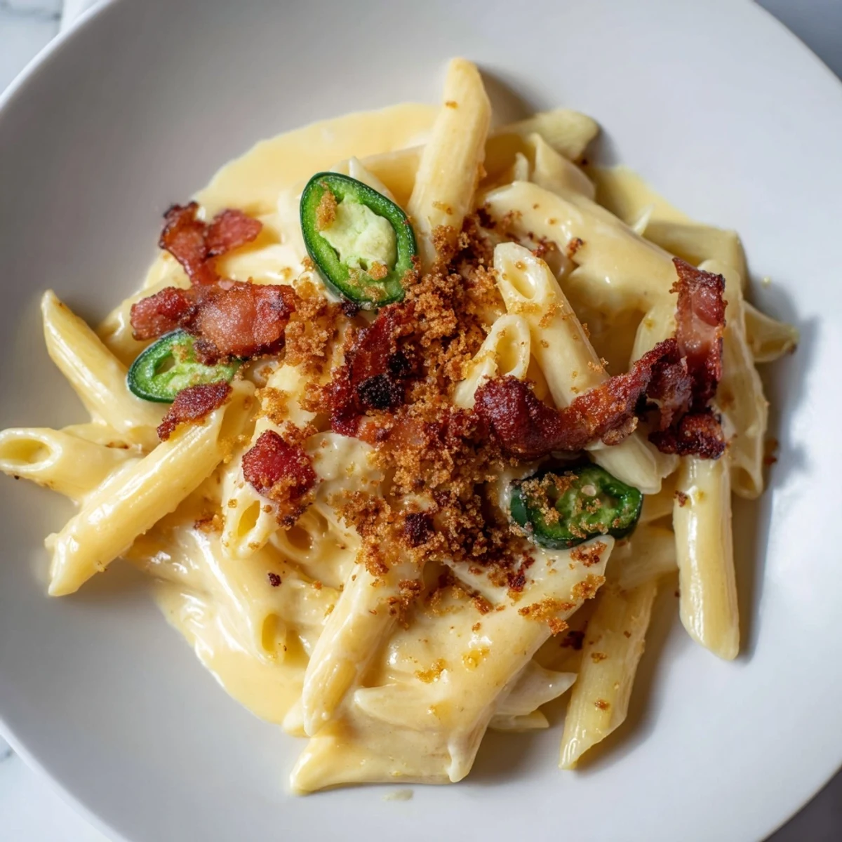 Two forks twirl noodles of the savory Jalapeño Popper Pasta, topped with charred jalapeño slices, crunchy panko, and fresh chives on a rustic table.