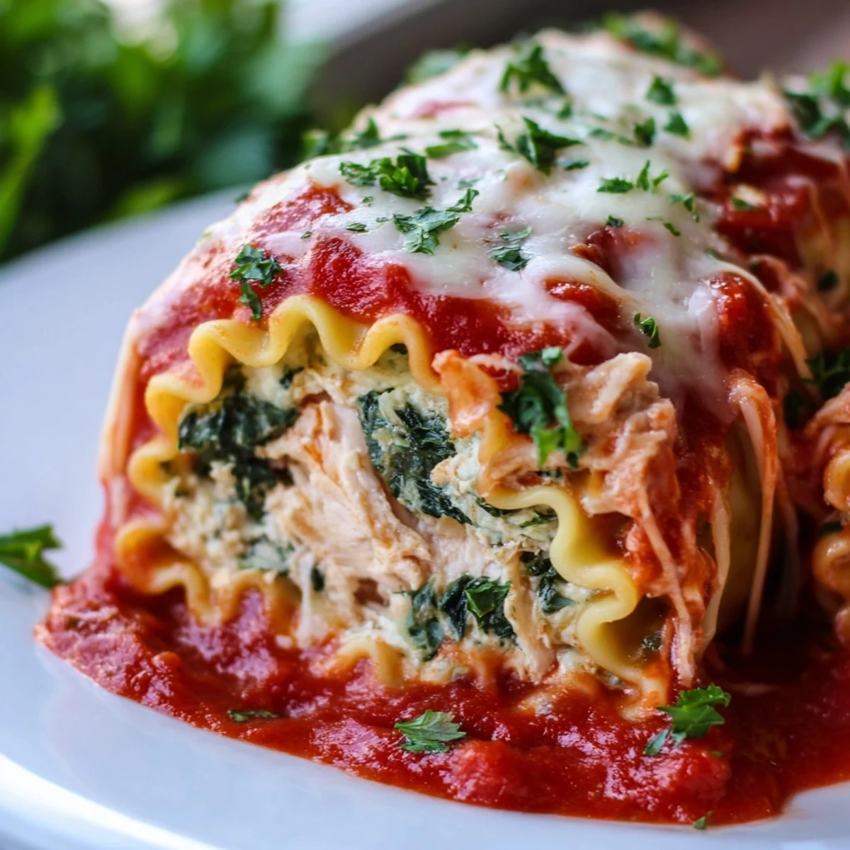 Golden-baked Chicken and Spinach Lasagna Rolls sit in a white ceramic dish, filled with creamy ricotta, spinach, and shredded chicken, topped with melted mozzarella and marinara sauce.