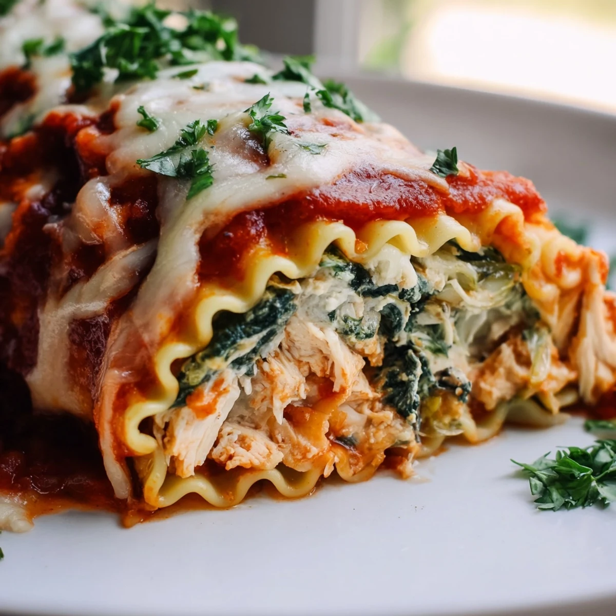A close-up of Chicken and Spinach Lasagna Rolls shows tender pasta spirals stuffed with creamy chicken and spinach, baked in rich marinara and topped with bubbly, golden cheese.