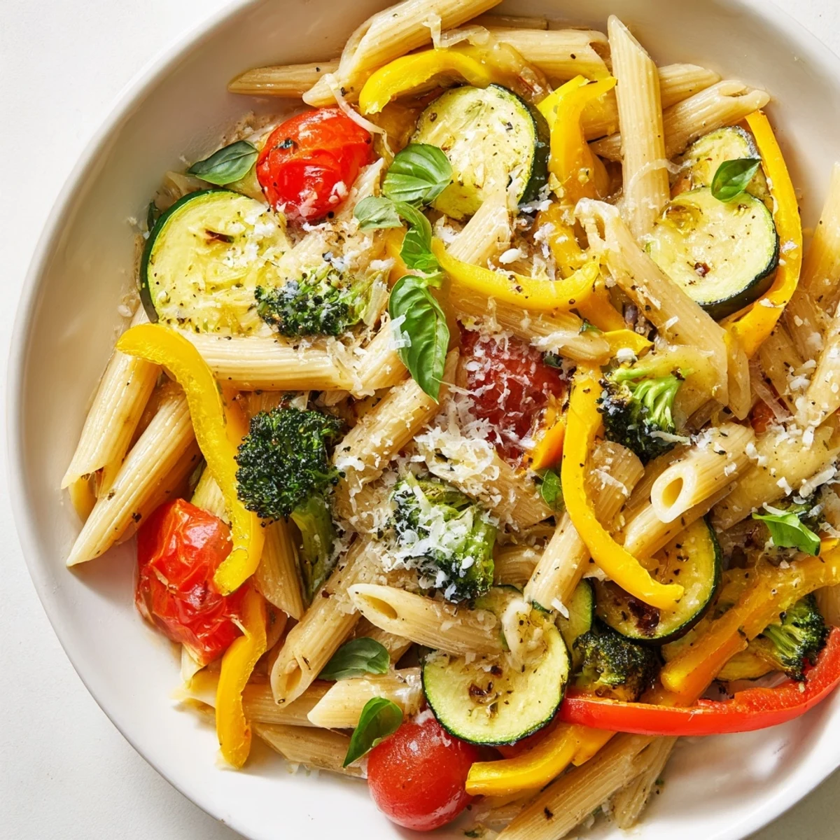 Vibrant roasted zucchini, bell peppers, and cherry tomatoes tossed with penne pasta in a garlic olive oil sauce, topped with Parmesan.