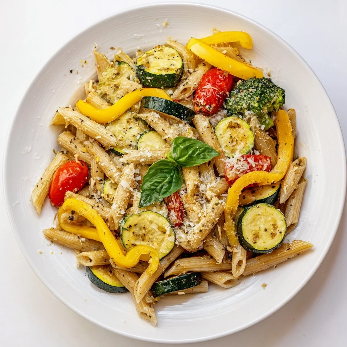 Pasta Primavera plated with a sprinkle of Parmesan and lemon wedges, ready for a light yet hearty vegetarian dinner.