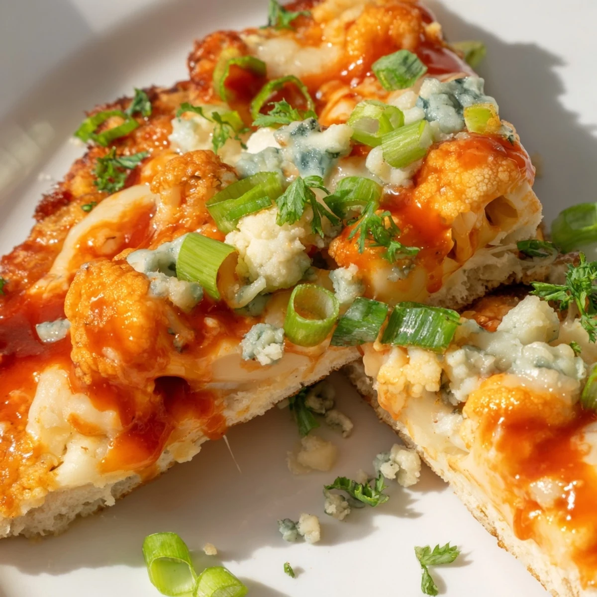 A close-up of Buffalo Cauliflower Pizza, featuring a gluten-free cauliflower base topped with blue cheese crumbles and celery.  