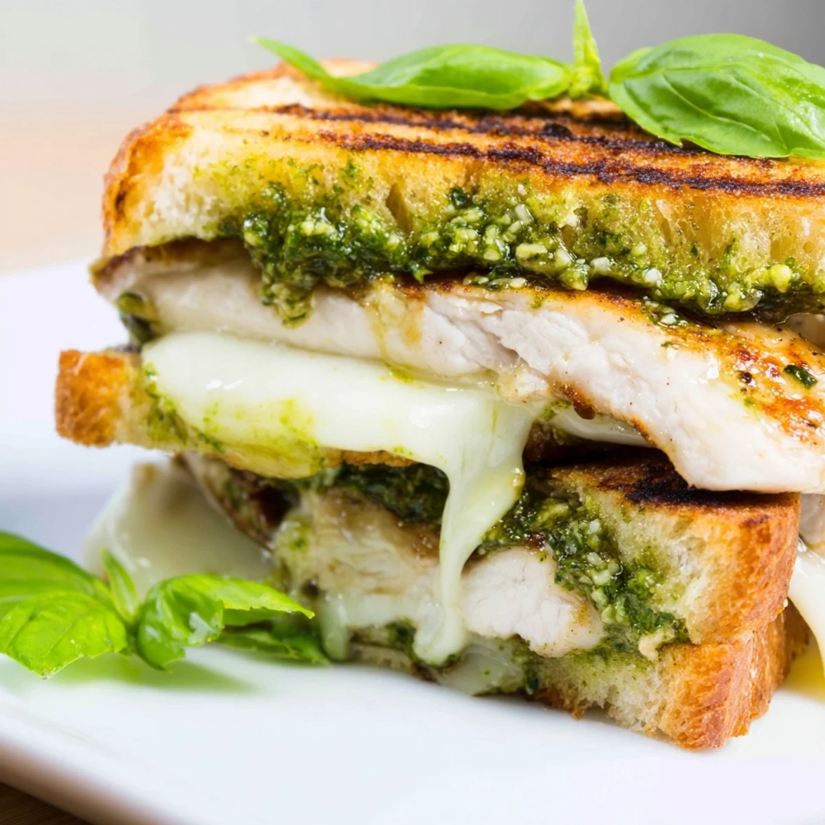 Golden grilled chicken breast, melty mozzarella, and creamy basil pesto sandwiched in a toasted ciabatta roll for a satisfying Italian-American lunch.  