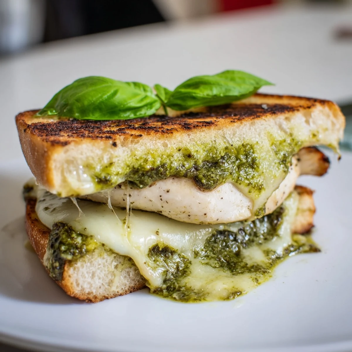 Enjoy a warm Pesto Chicken Melt with vibrant green pesto and melted cheese, served alongside sliced tomatoes on a wooden board.