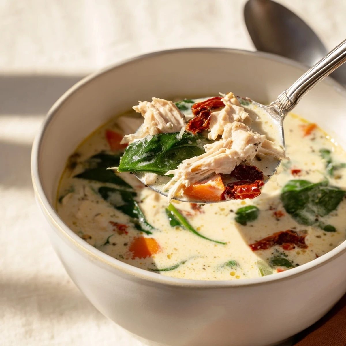 A steaming bowl of Creamy Tuscan Chicken Soup with tender chicken, wilted spinach, and vibrant sun-dried tomatoes.