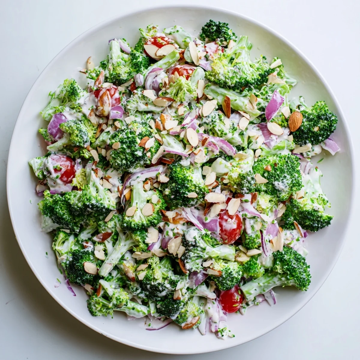 A close-up of a chilled Garlic Parmesan Broccoli Salad, garnished with parsley and grated Parmesan, ready to be enjoyed as a vegetarian side dish.