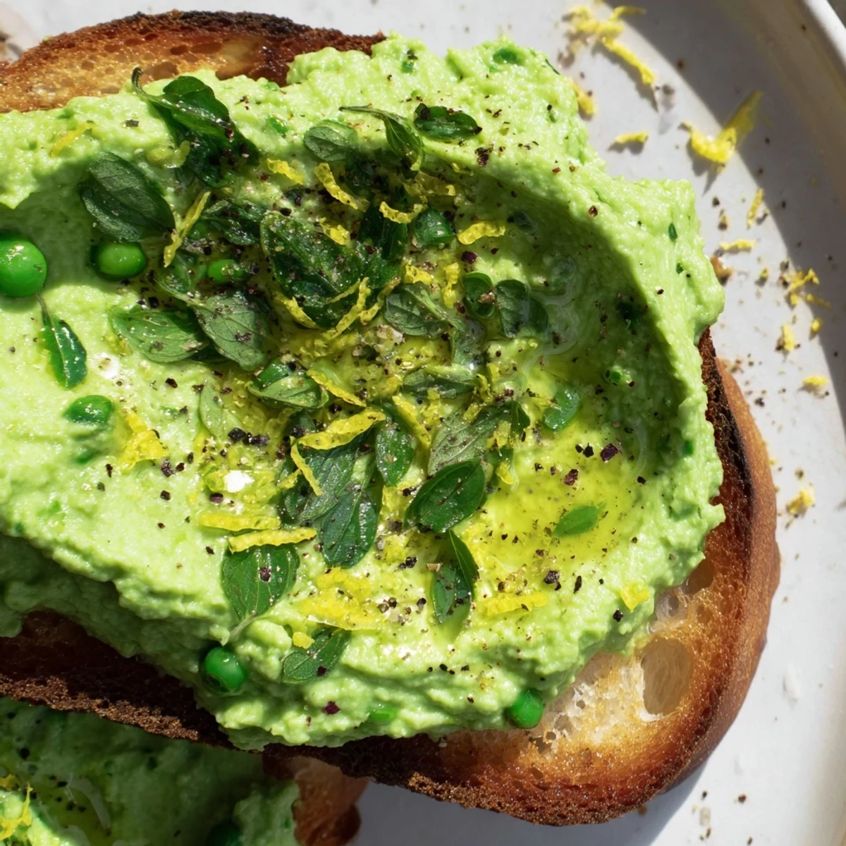 Warm, crunchy sourdough toast generously slathered with vibrant green pea and mint ricotta blend.