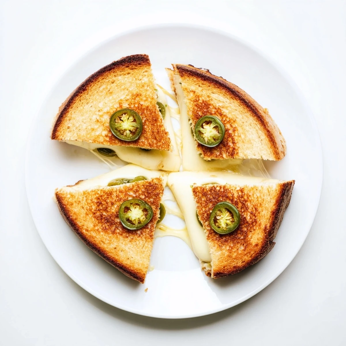 Golden brown Jalapeño Havarti Grilled Cheese slices ooze melted cheese between crispy sourdough.