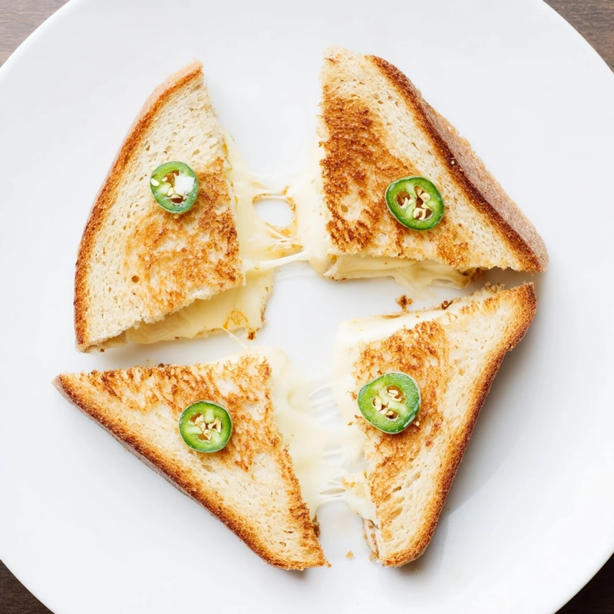 Close-up of a spicy Jalapeño Havarti Grilled Cheese showing Havarti and fresh peppers.