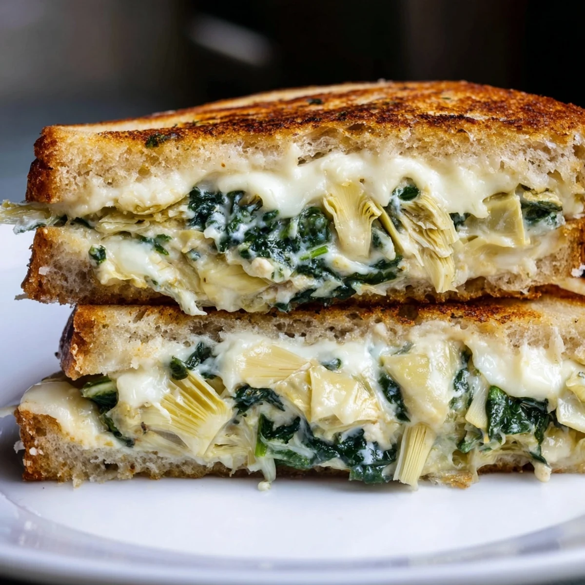 Golden-brown Artichoke Spinach Grilled Cheese sandwiches on sourdough, melted cheese peeking out from crispy edges.  