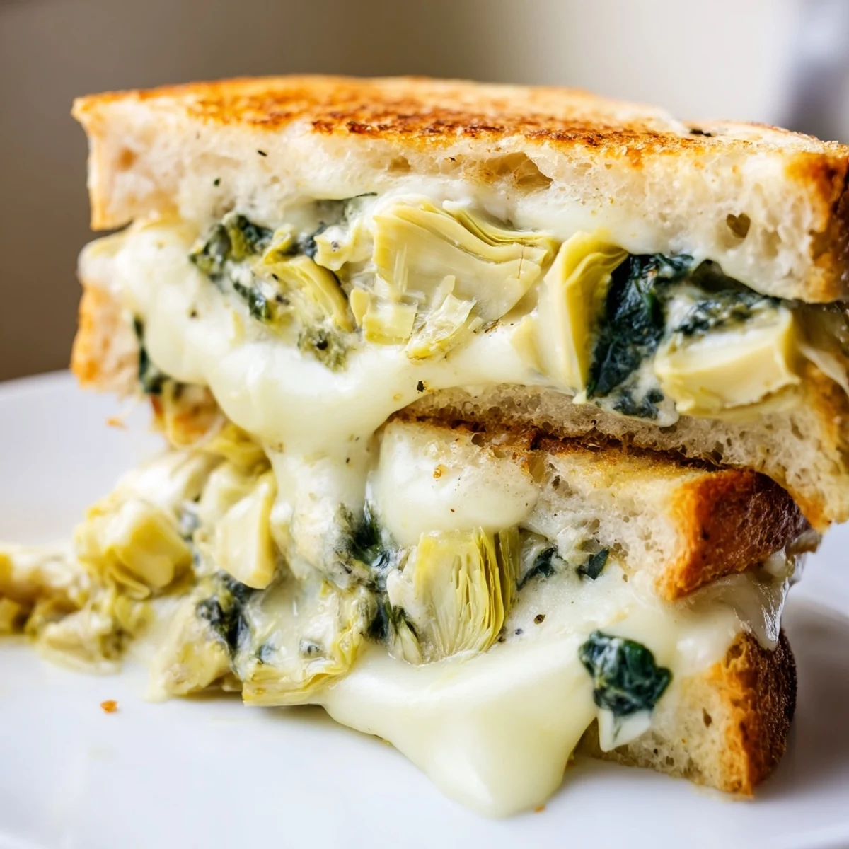 A close-up of Artichoke Spinach Grilled Cheese, showing creamy spinach and artichoke filling melting between toasted sourdough.