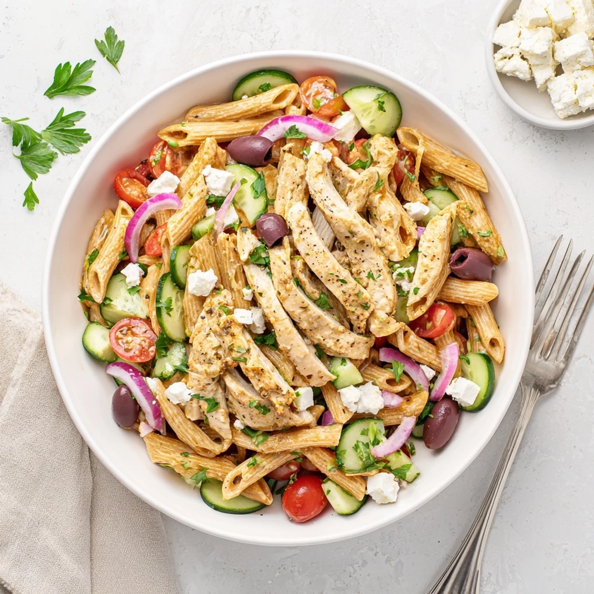 Freshly grilled chicken slices rest atop a Greek Chicken Pasta Bowl filled with al dente penne, halved cherry tomatoes, and diced cucumbers.  