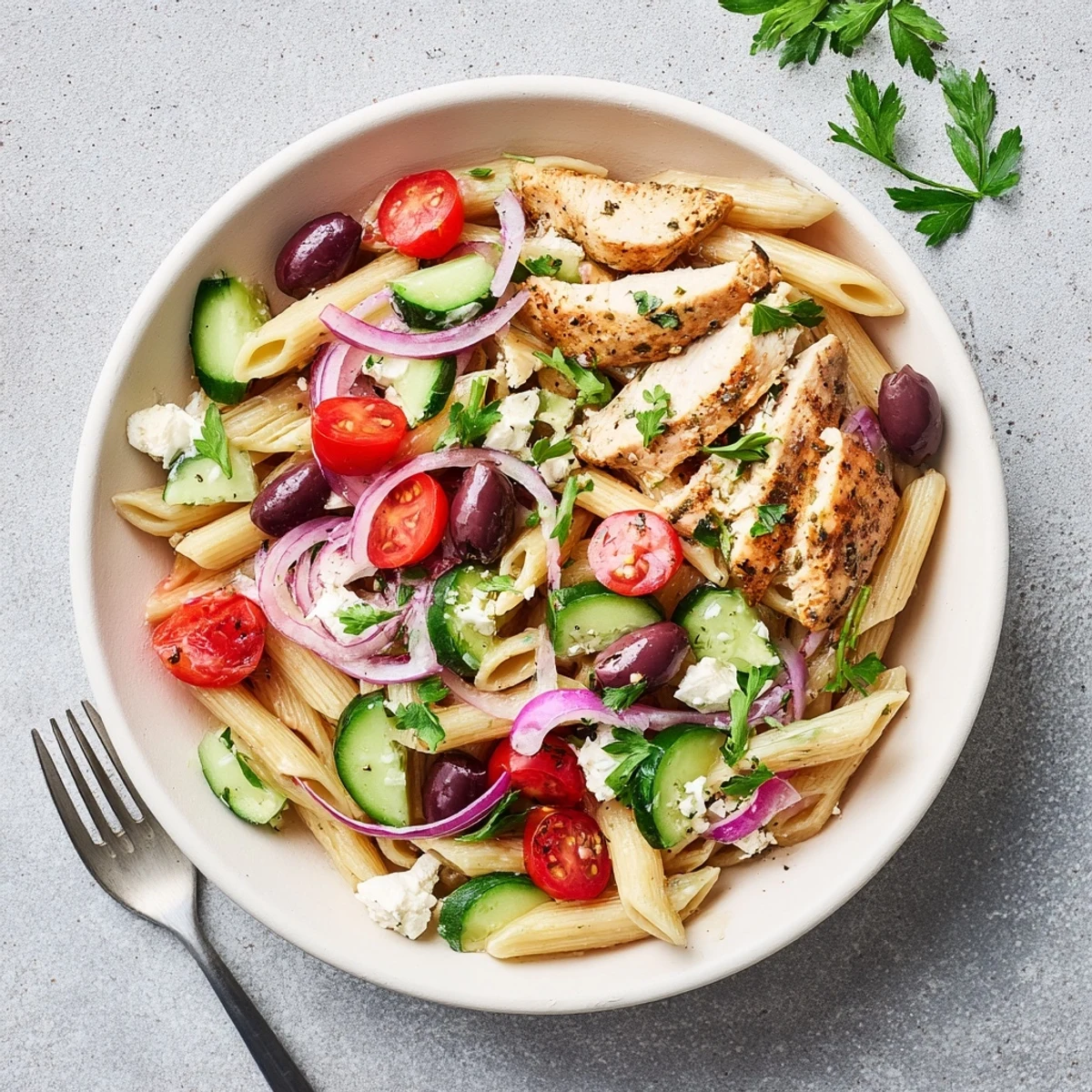 This Greek Chicken Pasta Bowl is garnished with crumbled feta, Kalamata olives, and a light lemon-herb dressing for brightness.  