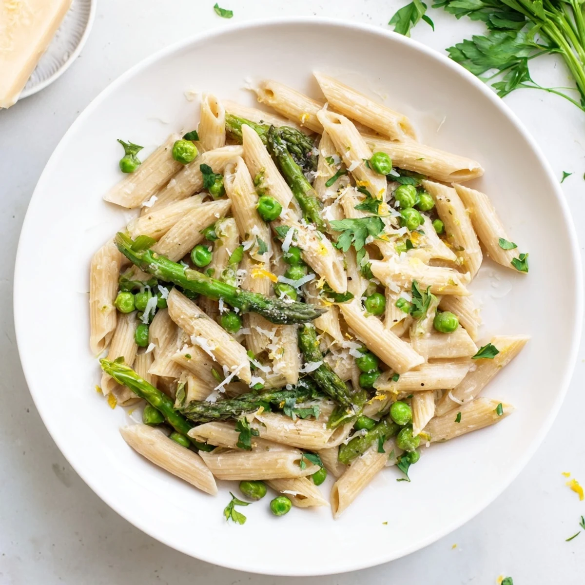 A close-up of Garlic Parmesan Spring Vegetable Pasta, featuring al dente penne coated in a creamy sauce and topped with grated Parmesan.