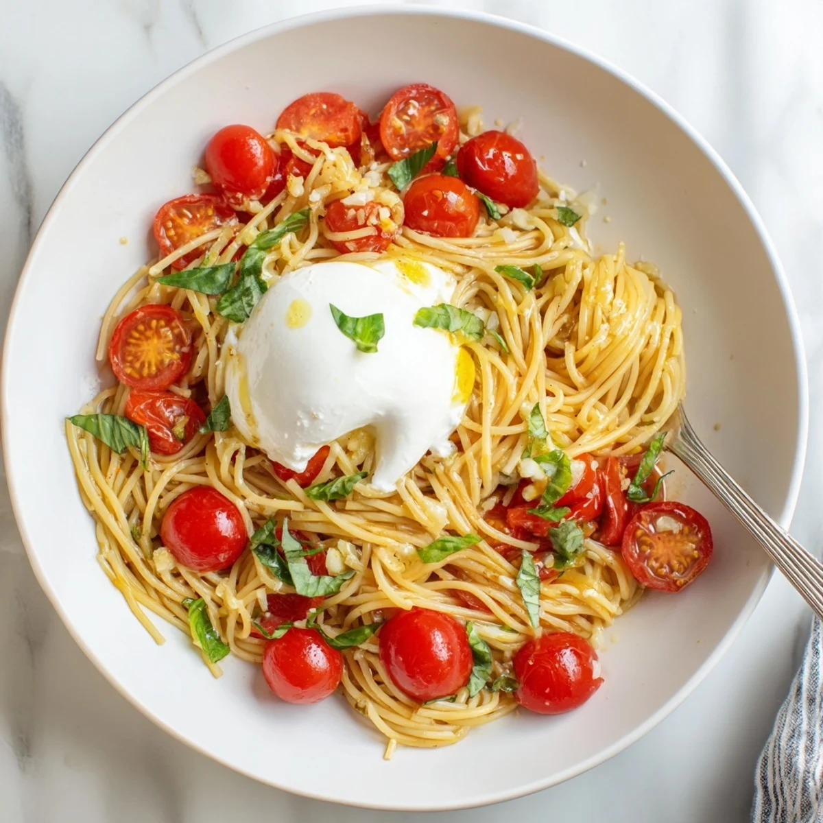 Steaming bowl of Burrata Caprese Pasta with halved cherry tomatoes, fresh basil, and creamy burrata drizzled with olive oil.