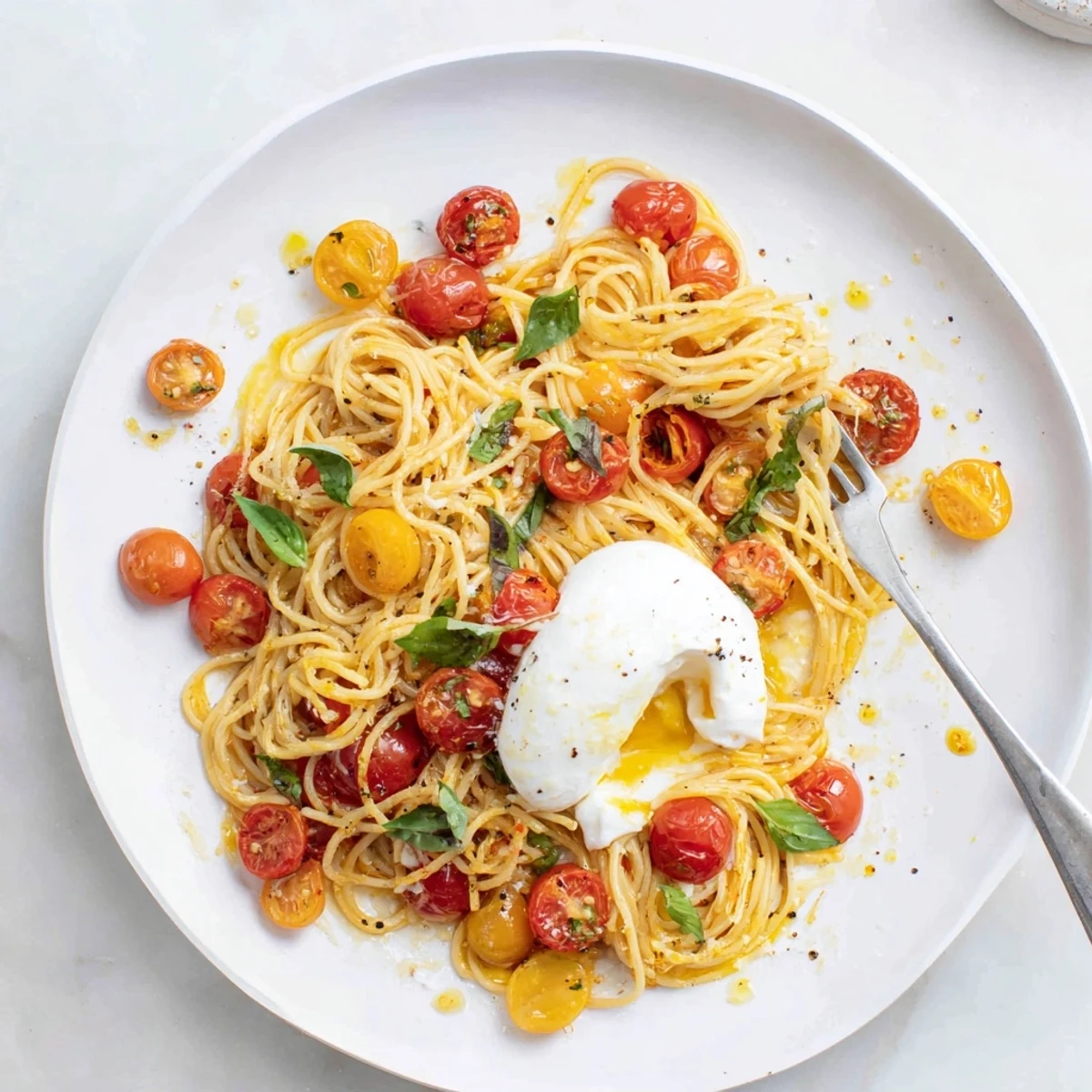 Close-up of Burrata Caprese Pasta showing a torn burrata ball melting into linguine with juicy tomatoes and basil leaves.