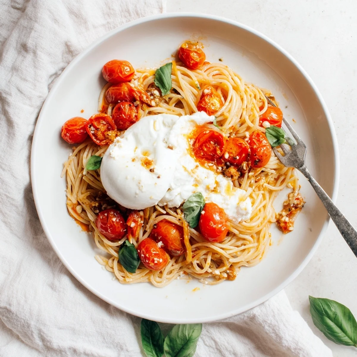 Serving suggestion for Burrata Caprese Pasta plated with extra basil, olive oil, and a sprinkle of red pepper flakes.