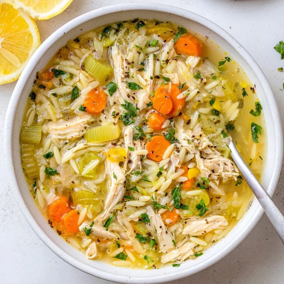 A steaming bowl of Lemon Pepper Chicken Orzo Soup, featuring tender shredded chicken and bright lemon wedges on the side.  