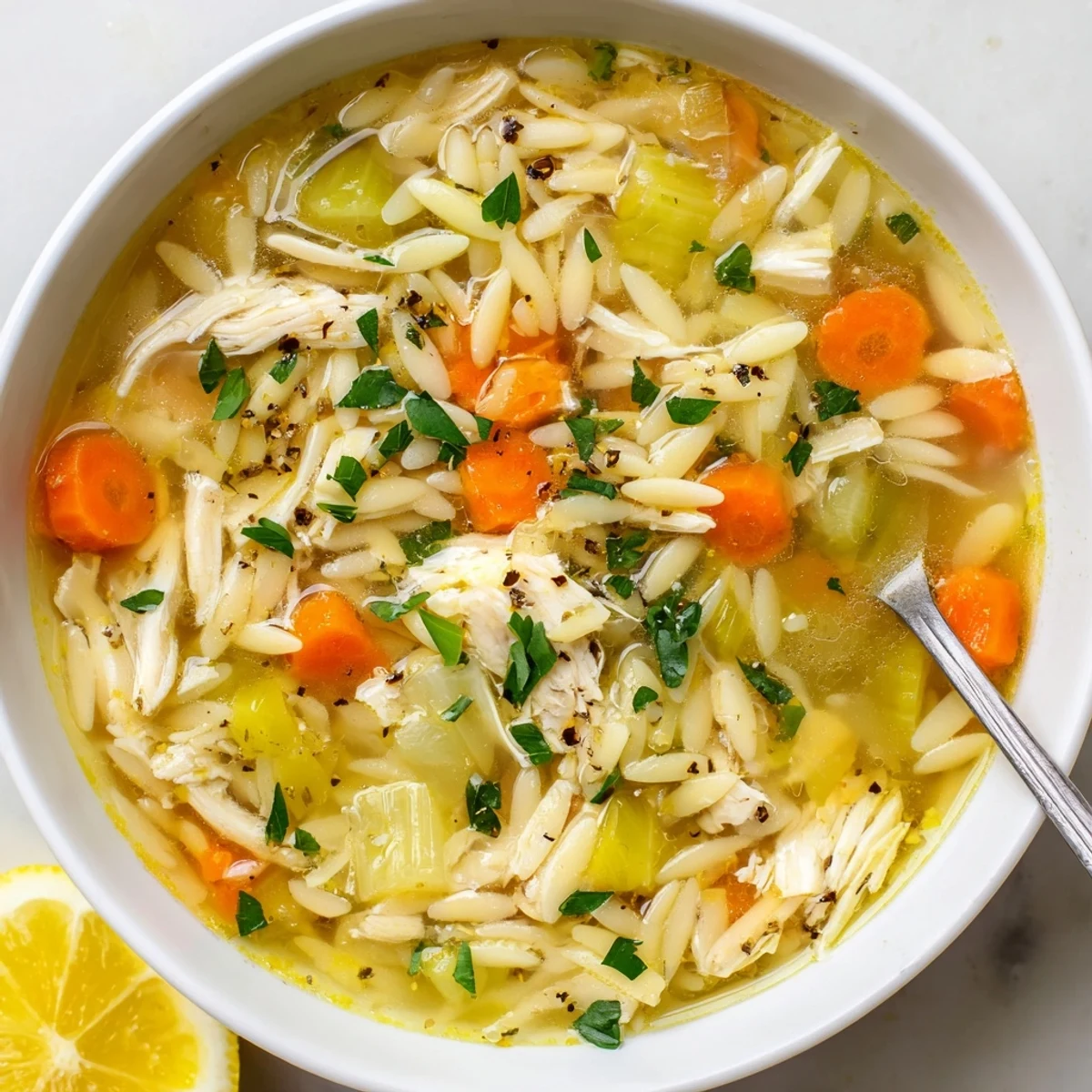 Savory Lemon Pepper Chicken Orzo Soup with al dente orzo pasta and fresh parsley garnish, ready to serve.  