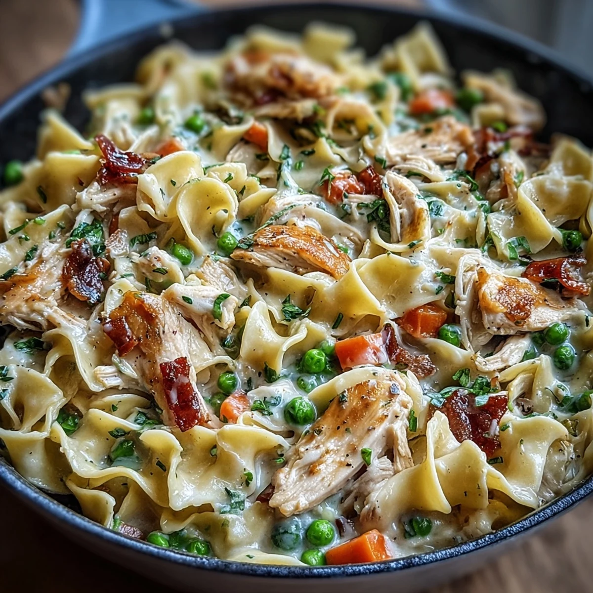 Family-style Spring Chicken Noodle Skillet in a white pan, served with a side salad for a fresh spring meal.