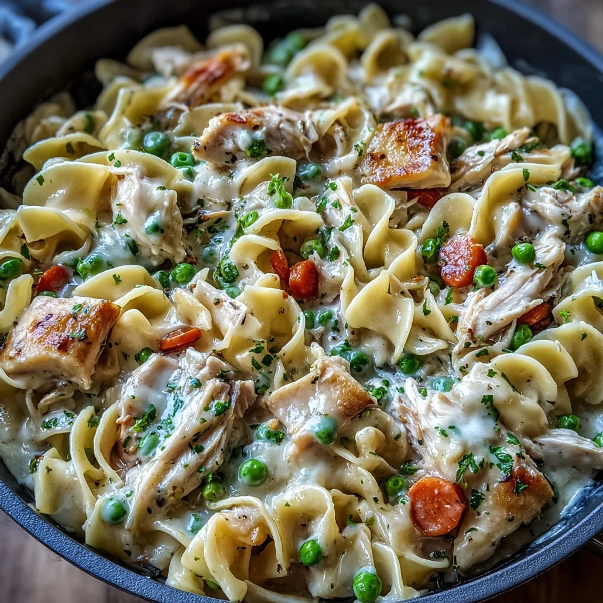 A close-up of Spring Chicken Noodle Skillet, featuring tender egg noodles, vibrant vegetables, and a light, creamy Parmesan sauce.  