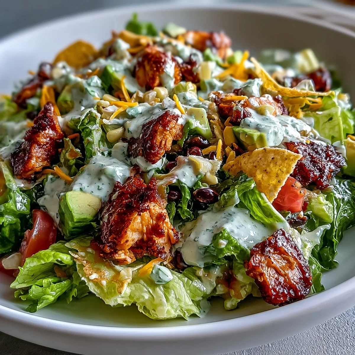 A vibrant bowl of Chicken Taco Chopped Salad with seasoned chicken, crisp romaine, and colorful veggies topped with crushed chips.  
