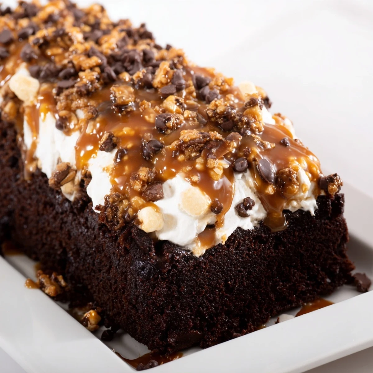 Moist and decadent Better Than Sex Cake ready to serve, layered with caramel and airy whipped topping.