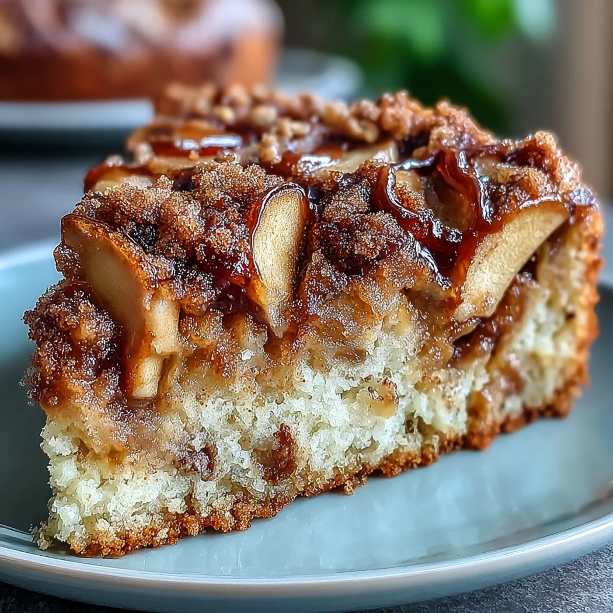 A warm slice of baked apple cake with tender cinnamon apples and a golden crumb topping, served on a rustic plate.